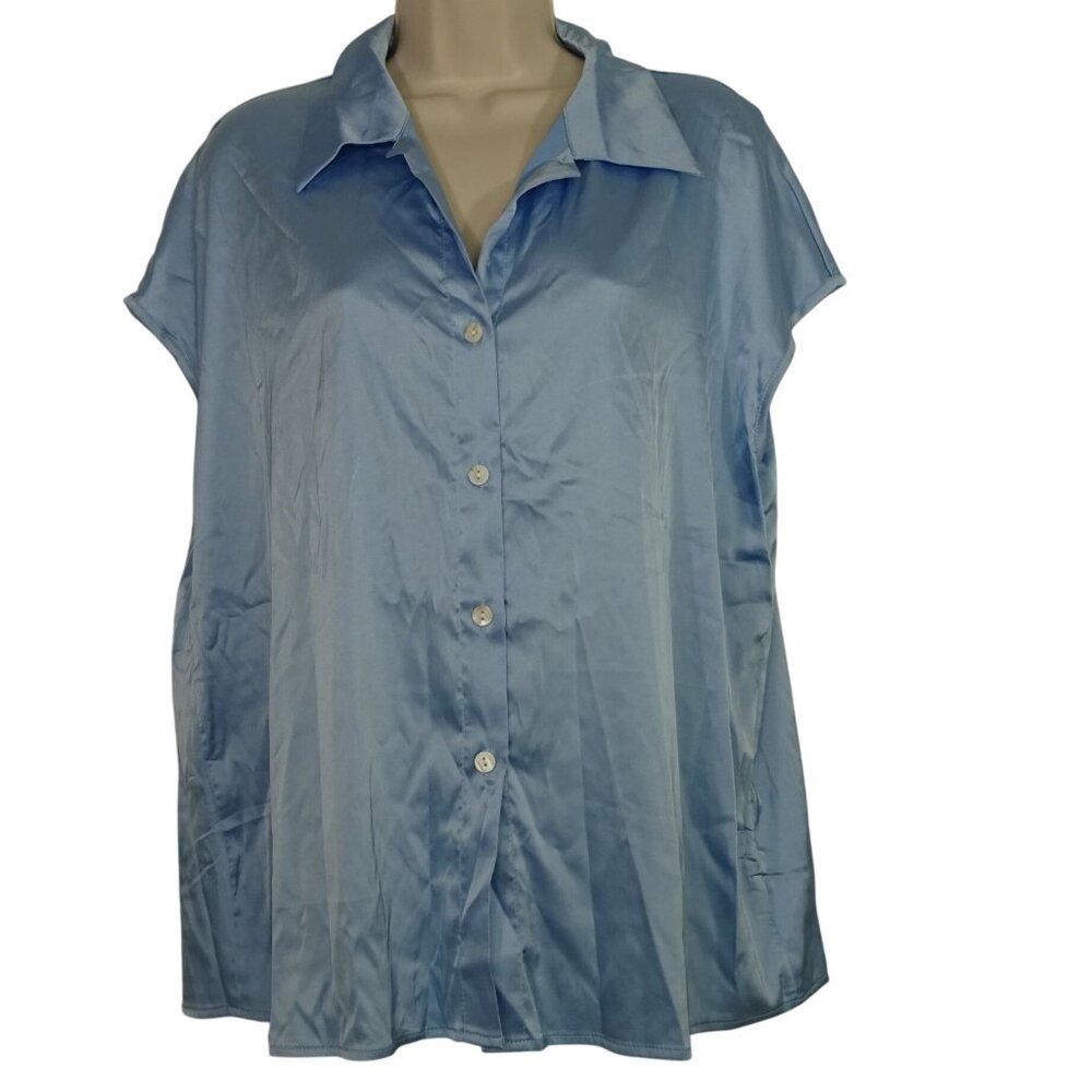 Shein Blue Satin Button Up Shirt Blouse Women Size XL 12 Contemporary Office NEW